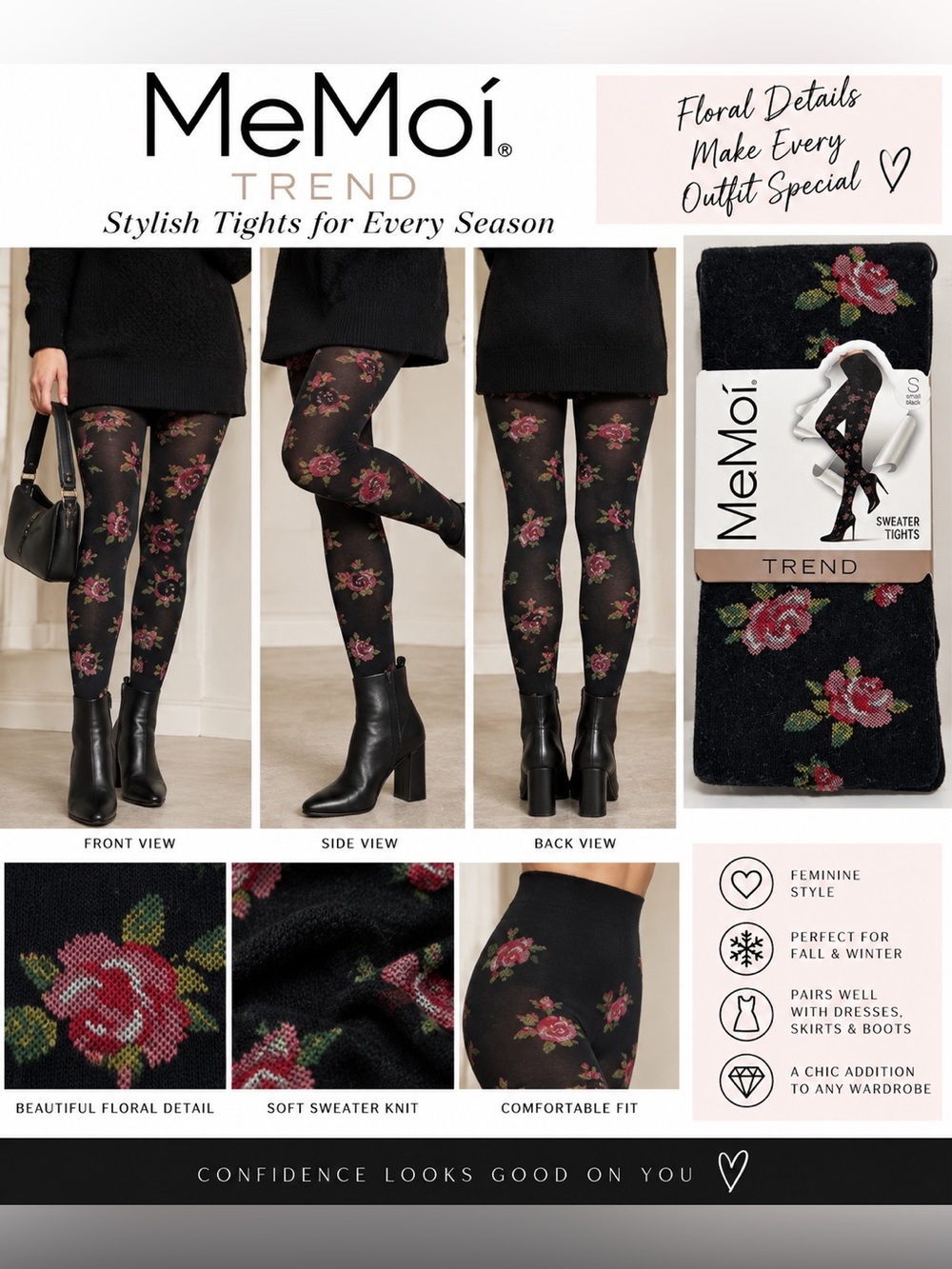 MeMoi Trend Floral Rose Sweater Tights Women’s Small Black Pink Flowers